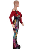 Wine Red Street Print Strapless Long Sleeve Two Pieces
