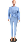 Blue Fashion Casual Adult Twilled Satin Solid Patchwork O Neck Long Sleeve Regular Sleeve Regular Two Pieces