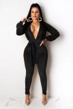 Yellow Sexy Fashion Solid Backless bandage Hollow Long Sleeve V Neck Jumpsuits