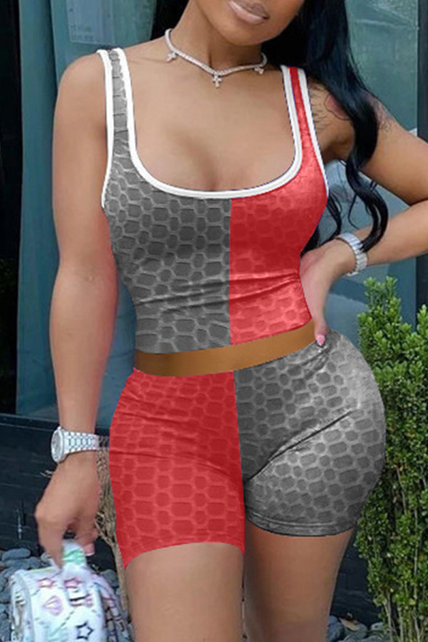 Grey Casual Sportswear Patchwork Basic U Neck Sleeveless Two Pieces