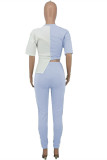 Light Blue Fashion Casual Patchwork Asymmetrical O Neck Short Sleeve Two Pieces