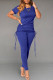 Blue Fashion Casual Solid Basic O Neck Short Sleeve Two Pieces