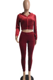 Wine Red Street Polyester Solid Hooded Collar Long Sleeve Regular Sleeve Short Two Pieces