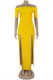 Yellow Sexy Casual Solid Slit Off the Shoulder Short Sleeve Dress