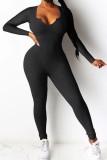 Black Fashion Casual Adult Solid Patchwork V Neck Skinny Jumpsuits