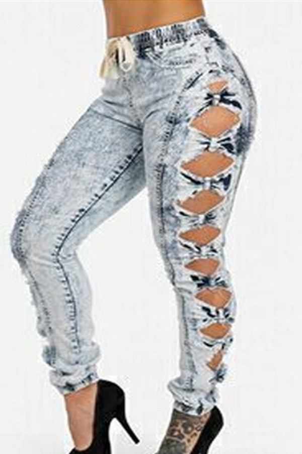 Baby Blue Fashion Casual Pierced Hollowed Out Pants High Waist Skinny Jeans