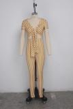Yellow Sexy Fashion Striped Print Patchwork Polyester Short Sleeve V Neck Jumpsuits