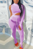 purple Fashion Sexy Adult Polyester Solid Split Joint Turtleneck Long Sleeve One Shoulder Regular Two Pieces