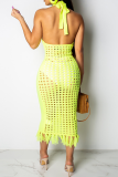 Pink Sexy Solid Hollowed Out Halter Pencil Skirt Dresses