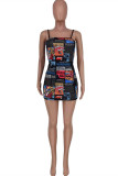 Black Fashion Sexy Print Backless Spaghetti Strap Sleeveless Dress