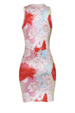 Rose Red Fashion Sexy Print Basic V Neck Pencil Dresses
