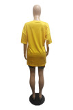 Yellow Fashion Print Basic O Neck Short Sleeve Two Pieces