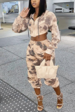 Brown Sportswear Print Tie-dye Hooded Collar Long Sleeve Two Pieces