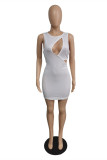 Yellow Fashion Sexy Solid Hollowed Out Backless O Neck Sleeveless Dress