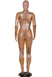 Silver Solid Ripped Hollowed Out See-through O Neck Regular Jumpsuits