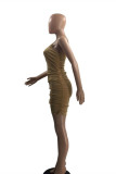 Brown Fashion Sexy Solid Backless Fold One Shoulder Sling Dress