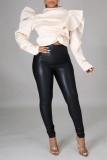 White Fashion Casual Solid Patchwork Flounce Half A Turtleneck Tops