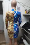 Blue Yellow Casual Print Hollowed Out Patchwork Mandarin Collar Pencil Skirt Dresses