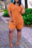 Red Fashion Casual Solid Basic V Neck Regular Rompers