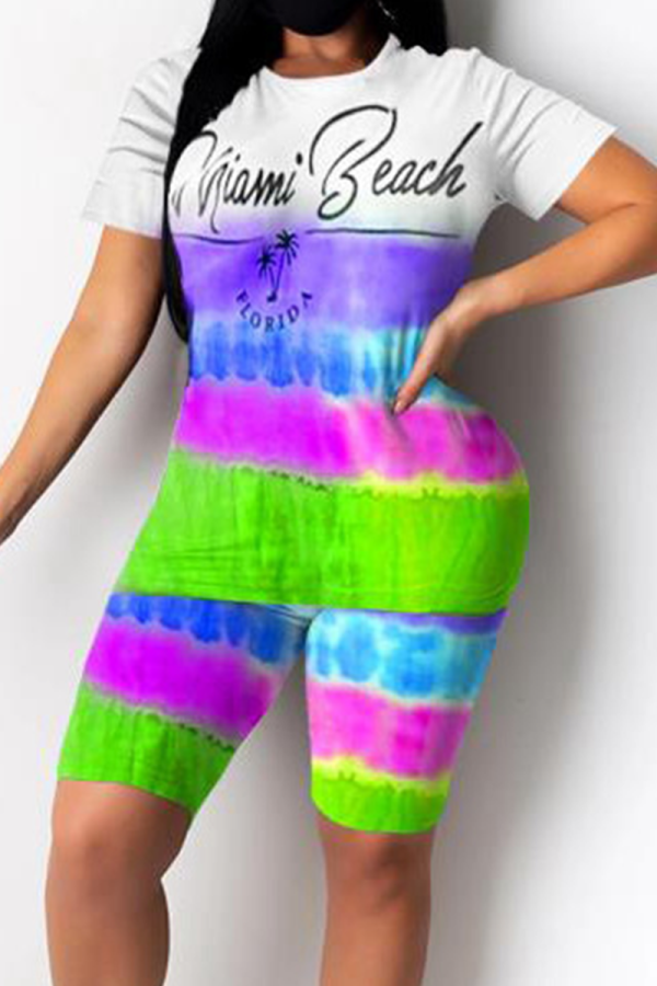 Purple Casual Patchwork Tie-dye O Neck Short Sleeve Two Pieces
