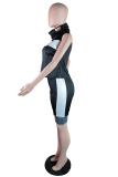 Black Casual Color Block Patchwork Turtleneck Sleeveless Two Pieces