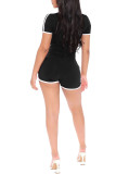 Black Cotton Casual Patchwork Solid backless crop top Straight Short Sleeve Two Pieces