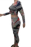 Multicolor Fashion Casual Print Basic Square Collar Long Sleeve Two Pieces
