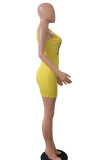 Yellow Street Spaghetti Strap Sleeveless Slip Sheath Mini Print Character Dresses