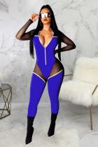 Blue Sexy Fashion perspective Patchwork Mesh zipper Polyester Long Sleeve V Neck Jumpsuits