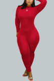 Red Sexy Print O Neck Regular Jumpsuits