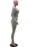 Grey Fashion Casual Adult Solid Patchwork V Neck Skinny Jumpsuits