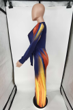 Multicolor Sexy Print Slit V Neck Long Sleeve Dresses