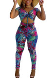 Blue Fashion Sexy Print Short Sleeve V Neck Jumpsuits