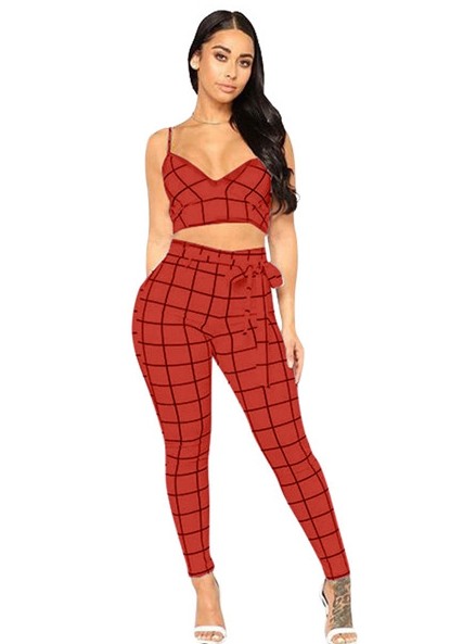 Red Plaid Stitching Mid Waist bandage Two-piece suit