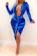 Blue Sexy Print Patchwork V Neck Pencil Skirt Dresses