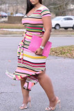 Rainbow Color Fashion Striped Print Patchwork Slit With Belt O Neck Dresses