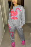 Grey Fashion Casual Letter Print Basic O Neck Long Sleeve Two Pieces