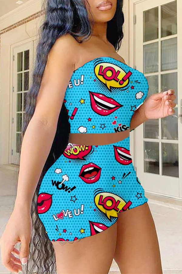 Blue Sexy Casual Print Backless Strapless Sleeveless Two Pieces