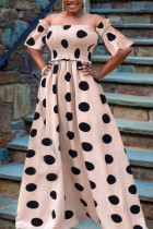 Pink England Off The Shoulder Short Sleeves One word collar Swagger Floor-Length Print Polka Dot Draped backless hollow out ruffle asymmetrical Dresses