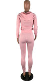 Pink Fashion Casual Adult Twilled Satin Solid Split Joint Hooded Collar Long Sleeve Regular Sleeve Regular Two Pieces