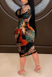 Blue Sweet Print Split Joint V Neck Pencil Skirt Dresses