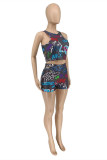 Black Fashion Sexy Print Basic O Neck Sleeveless Two Pieces