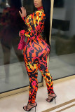 Red Sportswear Print Turtleneck Skinny Jumpsuits