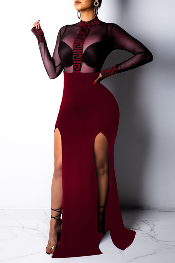 Burgundy Sexy Print High Opening Mesh O Neck Irregular Dress Dresses