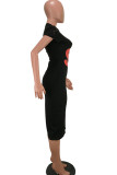 Black Polyester Fashion adult Sexy Cap Sleeve Short Sleeves O neck A-Line Mid-Calf hole Print asymmetrical