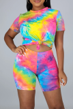Black Casual Patchwork Tie-dye O Neck Short Sleeve Two Pieces