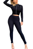 Black Fashion Sportswear Adult Polyester Solid Split Joint O Neck Long Sleeve Regular Sleeve Short Two Pieces