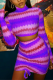 Purple Casual Striped Patchwork Draw String Turtleneck Long Sleeve Two Pieces