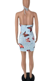 Sky Blue Sexy Print Hollowed Out Make Old Patchwork Spaghetti Strap Pencil Skirt Dresses