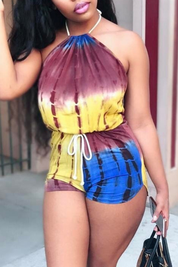 Yellow Fashion Sexy Print Backless O Neck Sleeveless Regular Romper
